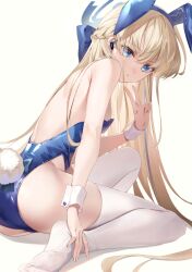 Rule 34 | 1girl, animal ears, bare back, blonde hair, blue archive, blue eyes, blue leotard, braid, chiro (norishiro michiro), commentary, dot nose, earpiece, fake animal ears, fake tail, from side, halo, hand on own ankle, highleg, highleg leotard, highres, kneeling, leotard, long hair, looking at viewer, official alternate costume, parted lips, playboy bunny, rabbit ears, rabbit tail, revision, side braid, simple background, soles, solo, strapless, strapless leotard, tail, thighhighs, toki (blue archive), toki (bunny) (blue archive), v, white background, white thighhighs, wrist cuffs