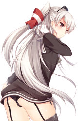 Rule 34 | 10s, 1girl, amatsukaze (kancolle), ass, bad id, bad pixiv id, black dress, black panties, brown eyes, cowboy shot, dress, female focus, garter straps, gloves, hair tubes, headgear, kantai collection, long hair, looking at viewer, looking back, neckerchief, panties, pantyshot, sailor collar, sailor dress, silver hair, simple background, solo, standing, teroru, thighhighs, two side up, underwear, white background, white gloves