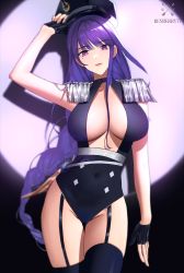 Rule 34 | 1girl, absurdres, alternate costume, arm up, artist name, bare arms, black gloves, black thighhighs, braid, breasts, breasts apart, closed mouth, clothing cutout, covered navel, cowboy shot, epaulettes, garter straps, genshin impact, gloves, groin, hair between breasts, hand on headwear, hat, highleg, highleg leotard, highres, large breasts, leotard, long hair, looking at viewer, low-braided long hair, low-tied long hair, military hat, mole, mole under eye, partially fingerless gloves, purple eyes, purple hair, raiden shogun, renberry, shadow, sidelocks, single braid, solo, thighhighs, thighs, uniform
