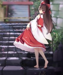 Rule 34 | 1girl, absurdres, barefoot, blush, bow, brown eyes, brown hair, collared vest, commentary request, detached sleeves, frilled skirt, frills, full body, hair bow, hair tubes, hakurei reimu, highres, long hair, long sleeves, midriff, muyue, no shoes, nontraditional miko, outdoors, red bow, red skirt, red vest, ribbon-trimmed sleeves, ribbon trim, skirt, skirt hold, soles, stairs, stone stairs, toes, torii, touhou, very long hair, vest, white sleeves, wide sleeves
