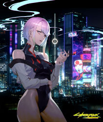 Rule 34 | 1girl, absurdres, black leotard, breasts, cigarette, city, commentary, copyright name, covered navel, cowboy shot, cropped jacket, cyberpunk (series), cyberpunk edgerunners, dated commentary, english commentary, from side, grey eyes, grey hair, highleg, highleg leotard, highres, holding, holding cigarette, jacket, kalle21, leotard, looking at viewer, lucy (cyberpunk), medium breasts, night, open clothes, open jacket, outdoors, parted lips, sky, smoke, smoking, solo, white jacket