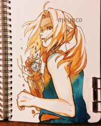 Rule 34 | 1boy, artist name, automail, bad id, bad instagram id, blonde hair, broken, edward elric, from below, from side, fullmetal alchemist, highres, long hair, male focus, mechanical arms, meyoco, parted lips, photo (medium), pocket watch, ponytail, profile, prosthesis, simple background, single mechanical arm, sleeveless, solo, traditional media, upper body, watch, white background, yellow eyes