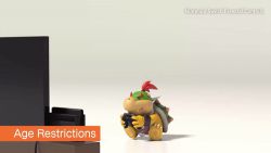 Rule 34 | 2boys, animated, animated gif, armlet, bowser, bowser jr., bracelet, collar, covering privates, covering own eyes, english text, fangs, father and son, game console, horns, jewelry, lowres, mario (series), multiple boys, nintendo, nintendo switch, red hair, running, sitting, spiked armlet, spiked bracelet, spiked collar, spikes, standing, super mario bros. 1