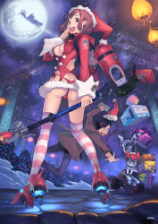 Rule 34 | 1boy, 1girl, anger vein, ass, black hair, breasts, brown eyes, brown hair, cat, center opening, christmas, christmas lights, christmas tree, clipboard, dimples of venus, falling, from behind, game console, gift, goggles, goggles on head, hand to own mouth, hat, highres, holding, hood, hoodie, lamppost, looking at viewer, looking back, mhk (mechamania), no bra, open mouth, original, panties, pantyshot, playstation 3, red hair, reindeer, santa costume, santa hat, short hair, sleigh, smiley face, striped clothes, striped thighhighs, sweater, thighhighs, underwear, upskirt
