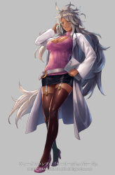 Rule 34 | 1girl, belt, breasts, brown thighhighs, cleavage, cleavage cutout, clipboard, clothing cutout, commentary request, copyright name, covered navel, cuboon, dark-skinned female, dark skin, full body, garter belt, garter straps, grey background, hair over one eye, highres, holding, lab coat, large breasts, long hair, long sleeves, looking at viewer, miniskirt, official art, parted lips, purple eyes, shiny clothes, shiny skin, silver hair, simple background, skirt, smile, solo, standing, thighhighs, thighs, turtleneck, venus rumble, very long hair, zettai ryouiki