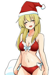 Rule 34 | 1girl, absurdres, alternate costume, bikini, blonde hair, bow, bow bikini, breasts, carpaccio (girls und panzer), christmas, cleavage, commentary, cowboy shot, facing viewer, frilled bikini, frills, girls und panzer, hat, highres, holding, holding sack, long hair, medium breasts, nasunael, navel, one-hour drawing challenge, open mouth, red bikini, red hat, sack, santa bikini, santa hat, side-tie bikini bottom, smile, solo, standing, swimsuit