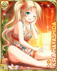 Rule 34 | 1girl, ;d, bare arms, bare legs, bare shoulders, barefoot, blonde hair, card (medium), day, female focus, girlfriend (kari), green eyes, hand on own face, hayashida kira, indoors, long hair, midriff, navel, official art, one eye closed, one side up, open mouth, qp:flapper, ribbon, scrunchie, shirt, shorts, sitting, smile, solo, spa, tagme, yellow shirt, yellow shorts