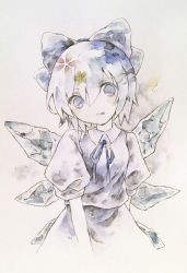Rule 34 | 1girl, blouse, blue bow, blue eyes, blue hair, blue ribbon, blue skirt, blue vest, bow, cirno, collared shirt, commentary request, cropped legs, hair between eyes, hair bow, ice, ice wings, ikeda ruriko, licking lips, looking to the side, neck ribbon, painting (medium), puffy short sleeves, puffy sleeves, ribbon, shirt, short hair, short sleeves, skirt, skirt set, solid eyes, solo, tongue, tongue out, touhou, traditional media, upper body, vest, watercolor (medium), white background, white shirt, wings