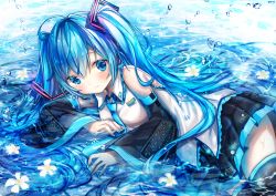 Rule 34 | 1girl, absurdres, black skirt, black sleeves, black thighhighs, blue eyes, blue hair, blue nails, blue necktie, blush, closed mouth, collared shirt, commentary request, detached sleeves, flower, flower on liquid, hair between eyes, hair ornament, hatsune miku, headset, highres, huge filesize, kohaku muro, long hair, long sleeves, lying, nail polish, necktie, on side, pleated skirt, shallow water, shirt, skirt, sleeveless, sleeveless shirt, sleeves past wrists, smile, solo, thighhighs, twintails, very long hair, vocaloid, water, water drop, white flower, white shirt, wide sleeves