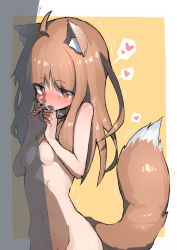 Rule 34 | 1boy, 1girl, absurdres, ahoge, animal ear fluff, animal ears, blush, breasts, brown hair, commission, completely nude, cum, cum in mouth, fellatio, fukutchi, heart, heart-shaped pupils, hetero, highres, holo, invisible man, long hair, nude, oral, cum overflow, penis, skeb commission, small breasts, solo focus, spice and wolf, spoken heart, symbol-shaped pupils, tail, trembling, wolf ears, wolf girl, wolf tail