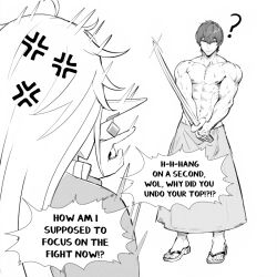Rule 34 | 1boy, 1girl, ?, abs, ahoge, alisaie leveilleur, anger vein, biceps, commentary, earrings, elezen, elf, english commentary, english text, facial hair, final fantasy, final fantasy xiv, holding, holding sword, holding weapon, hyur, jamjamstyle, jewelry, long hair, monochrome, muscular, muscular male, nipples, pectorals, pointing, pointing at another, pointy ears, sandals, short hair, sweat, sword, toes, topless male, warrior of light (ff14), weapon