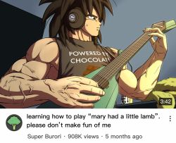 Rule 34 | 1boy, absurdres, black hair, black shirt, broccoli, broly (dragon ball super), capsule corp, dragon ball, dragon ball super, electric guitar, guitar, headphones, highres, holding, holding instrument, instrument, male focus, meme, muscular, muscular male, pea-bean, shirt, sleeveless, sleeveless shirt, solo, veins, youtube