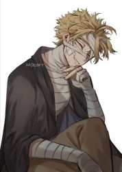 Rule 34 | 1boy, arm wrap, artist name, bad id, bad pixiv id, bandage on face, bandage over one eye, bandaged arm, bandaged hand, bandaged head, bandaged leg, bandages, bandaid, bandaid on face, blonde hair, boku no hero academia, closed eyes, hand on own chin, hawks (boku no hero academia), highres, injury, kadeart, knee up, looking at viewer, male focus, messy hair, pants, parted lips, short hair, simple background, sitting, smile, solo, white background