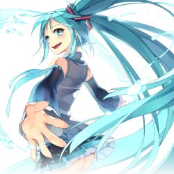 Rule 34 | 1girl, aqua eyes, aqua hair, btoor, detached sleeves, hatsune miku, long hair, looking back, nail polish, necktie, open mouth, outstretched arms, skirt, solo, spread arms, twintails, very long hair, vocaloid
