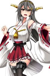 Rule 34 | 1girl, bare shoulders, black hair, black thighhighs, brown eyes, detached sleeves, gold hairband, hair ornament, hairband, hairclip, hakama, haruna (kancolle), haruna kai ni (kancolle), headgear, highres, japanese clothes, kantai collection, long hair, looking at viewer, militia minpei, nontraditional miko, one-hour drawing challenge, popped collar, red hakama, red skirt, ribbon-trimmed sleeves, ribbon trim, simple background, skirt, smile, solo, thighhighs, white background