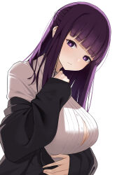 Rule 34 | 1girl, absurdres, arm under breasts, black robe, blunt bangs, breasts, bright pupils, cleavage, dress, fern (sousou no frieren), half updo, head tilt, highres, large breasts, looking at viewer, murding, partially unbuttoned, purple eyes, purple hair, robe, simple background, solo, sousou no frieren, upper body, white background, white dress