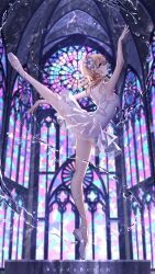 Rule 34 | 1girl, arm up, artist name, back, ballerina, ballet, bare arms, bare shoulders, blonde hair, blurry, blurry background, blush, breasts, chinese commentary, church, commentary, curvy, dancing, floating hair, flower, from side, full body, genshin impact, hair flower, hair ornament, highres, indoors, leg ribbon, leg up, leotard, looking at viewer, looking up, lumine (genshin impact), medium breasts, medium hair, open mouth, profile, ribbon, see-through, see-through skirt, skirt, solo, stained glass, standing, standing on one leg, strapless, strapless leotard, tiptoes, water, water drop, white flower, white footwear, white leotard, white ribbon, white skirt, woodsbench, yellow eyes