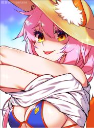 Rule 34 | 1girl, animal ear fluff, animal ears, bikini, bikini under clothes, blue bikini, breasts, cleavage, day, ears through headwear, fate/grand order, fate (series), fox ears, fox tail, hat, ko-on (ningen zoo), large breasts, looking at viewer, outdoors, pink hair, shaded face, side-tie bikini bottom, smile, solo, straw hat, sun hat, swimsuit, tail, tamamo (fate), tamamo no mae (fate/extra), tamamo no mae (swimsuit lancer) (fate), tamamo no mae (swimsuit lancer) (first ascension) (fate), tongue, tongue out, undressing, yellow eyes