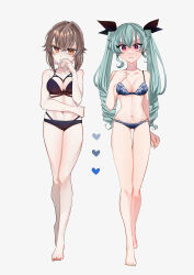 Rule 34 | 2girls, absurdres, anchovy (girls und panzer), barefoot, between breasts, black ribbon, blue bra, blue panties, blush, bra, breasts, brown eyes, brown hair, closed mouth, commentary request, drill hair, frown, girls und panzer, gluteal fold, green hair, hair ribbon, hand on own hip, hand to own mouth, heart, highres, legs, lingerie, long hair, looking at viewer, medium breasts, multi-strapped bra, multi-strapped panties, multiple girls, nail polish, nishizumi maho, panties, red eyes, ribbon, short hair, simple background, standing, sweatdrop, thigh gap, toenail polish, toenails, toes, tsukasa (avdx5538), twin drills, twintails, underwear, underwear only