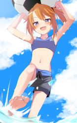 Rule 34 | 1girl, :d, aketa chika, armpits, arms up, ball, barefoot, beachball, breasts, chromatic aberration, crop top, day, feet, highres, idolmaster, idolmaster cinderella girls, looking at viewer, navel, open mouth, orange hair, outdoors, purple eyes, short shorts, shorts, side ponytail, sky, small breasts, smile, soccer ball, soles, solo, splashing, toes, water, yuuki haru