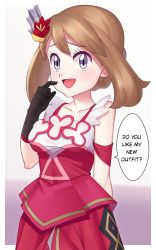 Rule 34 | 1girl, :d, black gloves, blush, border, breasts, brown hair, collarbone, commentary request, creatures (company), dress, eyelashes, flower, game freak, gazing eye, gloves, grey eyes, hair flower, hair ornament, hand up, highres, may (anniversary 2022) (pokemon), may (pokemon), medium hair, nintendo, official alternate costume, open mouth, pokemon, pokemon masters ex, raised eyebrows, red dress, red flower, smile, solo, speech bubble, tongue, white border