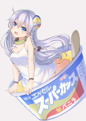 Rule 34 | 1girl, :d, barefoot, blue eyes, blush, braid, collar, dress, fang, feet, food, highres, ice cream, in container, in food, koga rejini, mini person, minigirl, open mouth, original, oversized object, purple hair, simple background, smile, solo