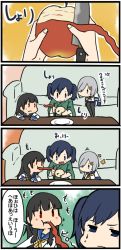 Rule 34 | 10s, 3girls, :i, apple, betchan, black hair, blue eyes, blue hair, colorized, comic, couch, dress, food, fruit, grey hair, hamakaze (kancolle), isokaze (kancolle), japanese clothes, kantai collection, knife, long hair, multiple girls, pantyhose, partially translated, plate, red eyes, sailor dress, school uniform, serafuku, short hair, simple background, souryuu (kancolle), sweatdrop, table, translation request, twintails, v-shaped eyebrows