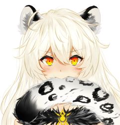Rule 34 | 1girl, animal ears, biting, biting own tail, blush, cat ears, cat tail, close-up, commentary, fur collar, honkai (series), honkai impact 3rd, kemonomimi mode, kiana kaslana, kiana kaslana (herrscher of the void), long hair, looking at viewer, mouth hold, nitrouzs, silver hair, solo, tail, tail biting, tail in mouth, very long hair, yellow eyes
