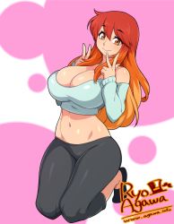 Rule 34 | 1girl, agawa ryou, artist name, bare shoulders, borrowed character, breasts, brown eyes, chalyn (theexpansiongenie), gradient hair, groin, large breasts, looking at viewer, midriff, multicolored hair, navel, orange hair, original, red hair, smile, solo, thighs, v, web address