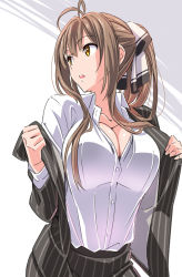 Rule 34 | 1girl, amagi brilliant park, antenna hair, breasts, brown hair, cleavage, female focus, formal, highres, large breasts, long hair, looking away, open clothes, open mouth, ponytail, sento isuzu, shirt, skirt, solo, suit, suzutsuki kurara, undressing, white shirt, yellow eyes