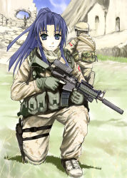 Rule 34 | 00s, 1girl, ammunition pouch, asakura ryouko, assault rifle, bad id, bad pixiv id, blue eyes, blue hair, camouflage, canada, canadian army, canadian forces, combat helmet, desert camouflage, digital camouflage, funeral (artist), funeral (pixiv 471657), gun, helmet, holstered, jacket, load bearing vest, long hair, m4 carbine, matching hair/eyes, military, military jacket, ponytail, pouch, rifle, solo, sumisi, suppressor, suzumiya haruhi no yuuutsu, trigger discipline, weapon