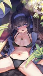 Rule 34 | 1boy, 1girl, absurdres, arm support, bags under eyes, bikini, black bikini, black hair, blue archive, blue eyes, blue hairband, blue jacket, blush, book, breasts, commentary, crossed bangs, english commentary, hair between eyes, hairband, hetero, highres, jacket, jewelry, long hair, medium breasts, navel, nose blush, o-ring, o-ring bikini, o-ring bottom, o-ring top, official alternate costume, open mouth, pendant, ponytail, rancidronin, sidelocks, sitting, solo focus, spread legs, stinky, swimsuit, ui (blue archive), ui (swimsuit) (blue archive), very long hair