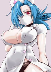 Rule 34 | + +, 1girl, areola slip, blue hair, breasts, cleavage, covered navel, eyepatch, gloves, hat, lace, lace-trimmed panties, lace trim, large breasts, latex, latex gloves, mask, mouth mask, mtk hoshi, nurse cap, panties, pink background, ponytail, red eyes, skullgirls, solo, surgical mask, underwear, valentine (skullgirls)