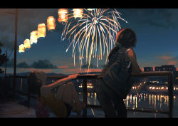 Rule 34 | 2girls, aerial fireworks, arm support, bag, bare legs, black hair, blurry, building, city, city lights, dark, denim, facing away, fireworks, from behind, full body, hakuto 173, handbag, inami hatoko, jeans, lantern, leaning back, leaning forward, letterboxed, looking up, multiple girls, night, night sky, original, outdoors, pants, paper lantern, ponytail, power lines, railing, reflection, sandals, scenery, scrunchie, short hair, shorts, sky, sleeveless, tank top, utility pole, water, wide shot