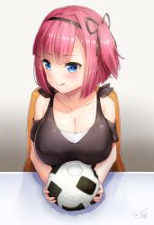 Rule 34 | 1girl, bare shoulders, black hairband, black ribbon, black shirt, blue eyes, breasts, cleavage, clothing cutout, collarbone, commentary request, doyouwantto, food, food on face, gradient background, hair intakes, hair ribbon, hairband, large breasts, looking to the side, mochizuki momiji, new game!, onigiri, purple hair, ribbon, shirt, shoulder cutout, side ponytail, signature, sitting, solo, tongue, tongue out