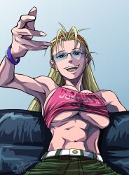 Rule 34 | 1girl, abs, antenna hair, bangle, belt, black lagoon, blonde hair, blue-tinted eyewear, blue eyes, bracelet, breasts, casual, clothes writing, commentary request, couch, crop top, eda (black lagoon), fingernails, forehead, green pants, grey background, hairband, highres, jewelry, large breasts, long hair, looking at viewer, mimiyama kiichi, open mouth, orange hairband, pants, pink shirt, rimless eyewear, shirt, sitting, sleeveless, solo, straight hair, sunglasses, tinted eyewear, toned, underboob, undersized clothes, white belt