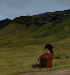 Rule 34 | 1girl, black hair, black skirt, boots, cloud, field, grass, io (onisarashi), landscape, looking afar, mountain, nature, on grass, original, outdoors, overcast, rural, scenery, short hair, short ponytail, sitting, skirt, sky, solo, transmission tower