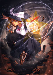 Rule 34 | 1g no izumi, 1girl, blonde hair, bow, braid, female focus, green eyes, hat, hat bow, kirisame marisa, long hair, long skirt, magic, outstretched arms, rock, short sleeves, side braid, single braid, skirt, solo, star (symbol), touhou, very long hair, witch hat