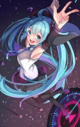 Rule 34 | 1girl, ahoge, armpits, black footwear, black skirt, black sleeves, blue eyes, blue hair, boots, breasts, commentary request, detached sleeves, hatsune miku, highres, kimura mitsuki, long hair, long sleeves, miniskirt, open mouth, pleated skirt, shirt, skirt, sleeveless, sleeveless shirt, small breasts, solo, teeth, thigh boots, twintails, upper teeth only, very long hair, vocaloid, white shirt, wide sleeves