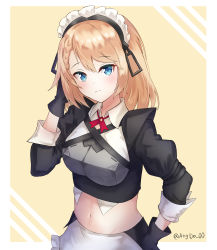Rule 34 | 1girl, absurdres, angdo (kakajo26), apron, armor, black gloves, blonde hair, blue eyes, blush, braid, braided bangs, breasts, collared shirt, cropped shirt, g36 (girls&#039; frontline), g36 (mod3) (girls&#039; frontline), girls&#039; frontline, gloves, hair between eyes, hand on own head, hand on own hip, highres, looking at viewer, maid, maid headdress, medium breasts, medium hair, midriff, mod3 (girls&#039; frontline), navel, shirt, sidelocks, solo, tsurime, twitter username, two-tone background, upper body