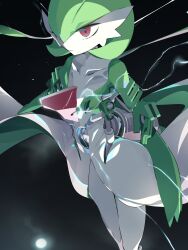 Rule 34 | 1girl, arm at side, black background, bob cut, closed mouth, collarbone, colored skin, creatures (company), electricity, expressionless, female focus, flat chest, game freak, gardevoir, gen 3 pokemon, green hair, green skin, hair over one eye, highres, humanoid robot, idkuroi, joints, legs together, mechanization, multicolored skin, nintendo, one eye covered, pokemon, pokemon (creature), red eyes, robot, robot joints, short hair, simple background, solo, standing, thighs, two-tone skin, underlighting, white skin