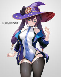 Rule 34 | 1girl, ai-assisted, alternate costume, aqua eyes, aztodio, black thighhighs, breasts, closed mouth, commentary, covered navel, earrings, english commentary, genshin impact, grey background, hair between eyes, hat, jacket, jewelry, leotard, long hair, looking at viewer, medium breasts, mona (genshin impact), open clothes, open jacket, patreon username, purple hat, purple jacket, simple background, solo, thighhighs, thighs, twintails, witch hat