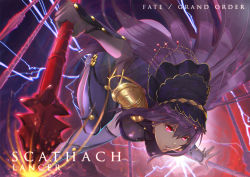 Rule 34 | 1girl, bodysuit, breasts, character name, copyright name, falling, fate/grand order, fate (series), gae bolg (fate), holding, holding weapon, long hair, looking at viewer, polearm, purple hair, red eyes, scathach (fate), scathach (fate), solo, spear, veil, weapon, yamato (genesisace)