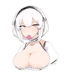 Rule 34 | 1girl, azur lane, blush, breasts, choker, cleavage, collarbone, condom, condom in mouth, condom wrapper, dress, hair between eyes, highres, large breasts, looking at viewer, mouth hold, puffy sleeves, red eyes, shiming liangjing, short hair, simple background, sirius (azur lane), solo, upper body, white background, white dress, white hair