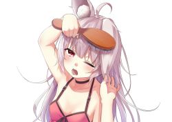 Rule 34 | 1girl, absurdres, ahoge, animal ear fluff, animal ears, armpits, arms up, blush, breasts, brushing, brushing hair, brushing own hair, camisole, choker, hair brush, hand on own ear, highres, kouzukikouichi, long hair, messy hair, one eye closed, open mouth, pink hair, pulled by self, pulling own ear, rabbit ears, red camisole, red eyes, simple background, sleepy, small breasts, solo, tears, tomari mari, tomari mari channel, upper body, virtual youtuber, white background, yawning