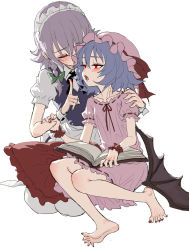 Rule 34 | 2girls, apron, arm grab, bare legs, barefoot, bat wings, blood, blood on hands, blue hair, blush, blush stickers, book, bow, braid, closed eyes, fangs, fkey, green bow, hair bow, hand on another&#039;s shoulder, hat, hat ribbon, izayoi sakuya, maid headdress, mob cap, multiple girls, nail polish, pillow, puffy short sleeves, puffy sleeves, red eyes, red nails, red ribbon, remilia scarlet, ribbon, short sleeves, silver hair, simple background, sitting, spread toes, toes, touhou, waist apron, white background, wings, wrist cuffs, yuri