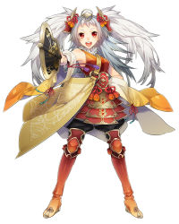 Rule 34 | 1girl, armor, ashi, blush, detached sleeves, foreshortening, grey hair, gunbai, hair ornament, hand fan, hand on own hip, hip focus, japanese clothes, leg armor, long hair, looking at viewer, open mouth, original, outstretched arm, red eyes, simple background, sleeveless, smile, solo, tassel, twintails, war fan, weapon, white background