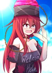 Rule 34 | 1girl, aospanking, black shirt, breasts, chain, cleavage, clothes writing, fanning self, gold chain, hecatia lapislazuli, highres, hot, large breasts, off-shoulder shirt, off shoulder, plaid, plaid skirt, red eyes, red hair, shirt, skirt, solo, t-shirt, touhou, underworld (ornament)