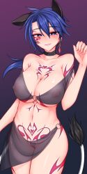 Rule 34 | 1girl, alternate costume, alternate hair length, alternate hairstyle, animal ears, bare shoulders, blue eyes, blue hair, blush, breasts, choker, cleavage, closed mouth, collarbone, covered erect nipples, cowboy shot, doremy sweet, earrings, facial mark, hair between eyes, heart, heart-shaped pupils, heart tattoo, highres, jewelry, kuroba rapid, large breasts, long hair, looking at viewer, matching hair/eyes, navel, o-ring, o-ring bottom, o-ring top, pubic tattoo, revealing clothes, sarong, see-through, single earring, smile, solo, stomach, symbol-shaped pupils, tail, tapir ears, tapir tail, tattoo, touhou, uncensored, underboob