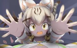 Rule 34 | 1girl, animal ears, brown hair, cat ears, cat girl, cat tail, commentary request, fangs, geoffroy&#039;s cat (kemono friends), grey background, highres, kemono friends, lets0020, light brown hair, long hair, long sleeves, looking at viewer, medium bangs, multicolored hair, open mouth, reaching, reaching towards viewer, solo, striped clothes, striped hair, striped sweater, sweater, tail, upper body, v-shaped eyebrows, white sweater, yellow eyes